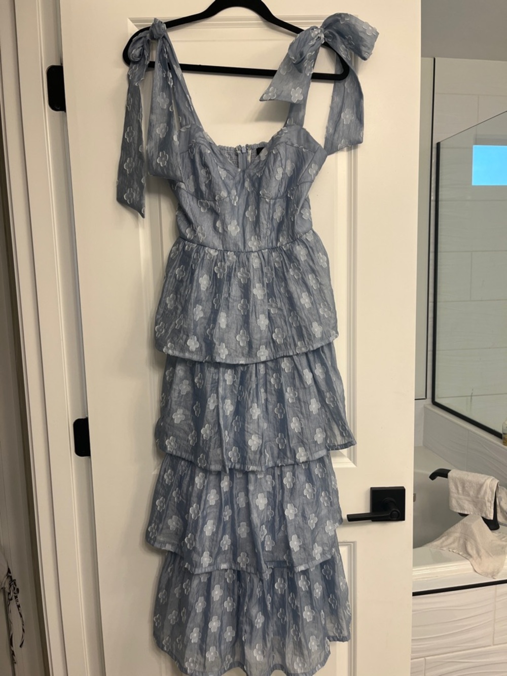 Lulu's Dusty Blue Tiered Midi Dress with Floral Lace took tag off but never worn